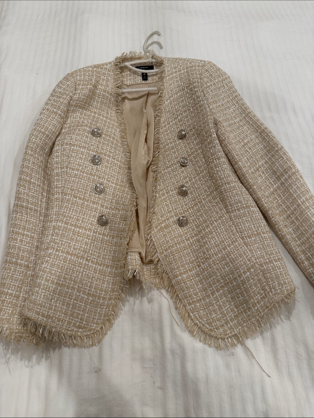 Aqua Beige Bouclé Fringe Double-Breasted Jacket